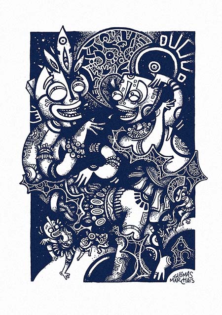 Sérigraphie d'un dessin tribal par Thomas Marchais artiste graphique à toulouse