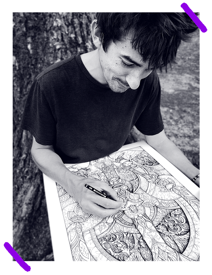 Portrait de l’artiste visuel Thomas Marchais en train de dessiner