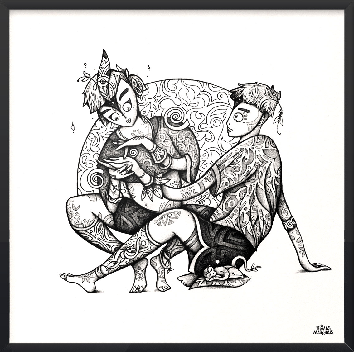 Dessin au crayon de deux personnages imaginaires de l'artiste Thomas Marchais